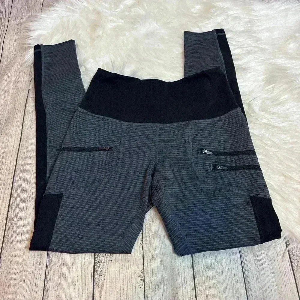 Zella gray striped, black leggings with zippered pockets size S